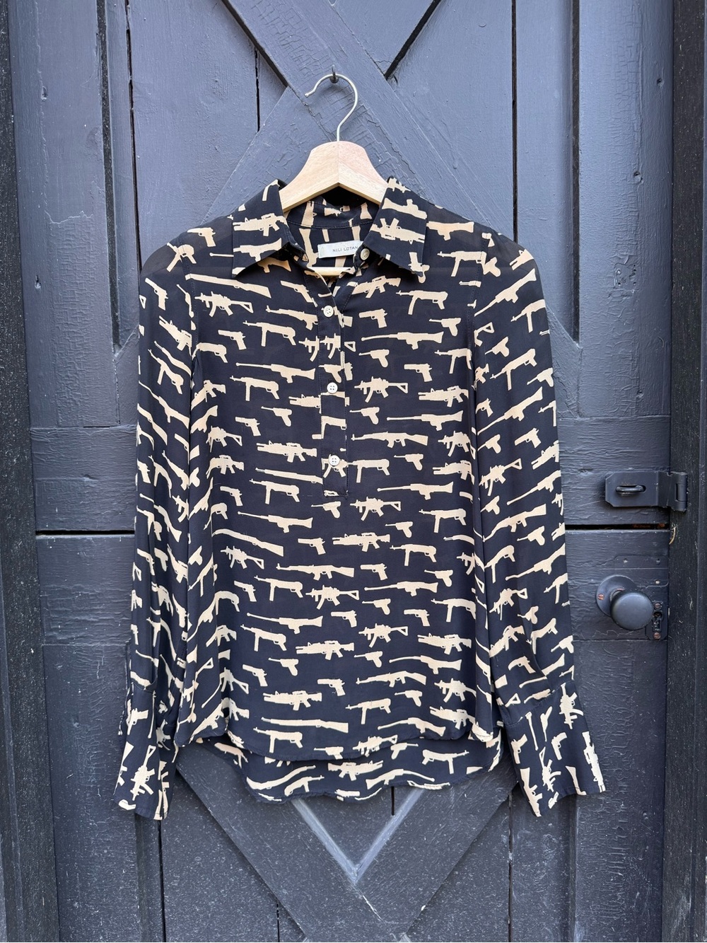 Nili Lotan Gun Print Silk Popover Blouse BlackTan Long Sleeve Made in USA Size:S